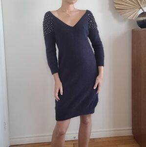 AXARA PARIS NAVY BLUE ANGORA  BLEND VNECK EMBROIDERED STUDS KNIT DRESS